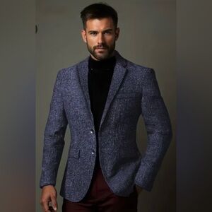 Men's NWT heathered Blue Textured 
Blazer European, casual slouch jacket
SZ LG